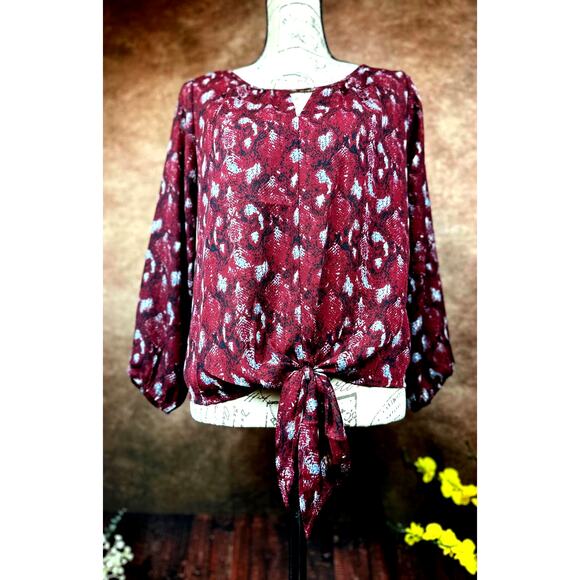 West Kei Veronica Tie Front Blouse Burgundy Snake size S - Picture 5 of 11